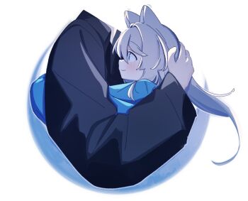1boy 1girl animal_ears black_shirt blue_eyes blue_shirt blush closed_mouth collared_shirt commentary from_side grey_hair hair_between_eyes hug long_hair original profile riya_(01214) shirt simple_background smile symbol-only_commentary very_long_hair white_background wolf_ears