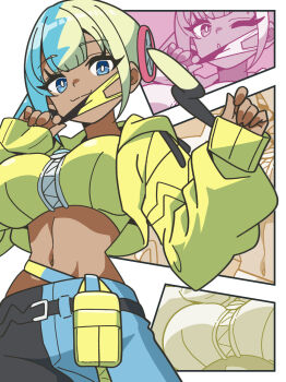1girl aqua_hair bandeau black_mask black_pants blonde_hair blue_eyes blue_pants breasts canari_(pokemon) criss-cross_halter crop_top cropped_jacket curly_sidelocks dark-skinned_female dark_skin fake_hair_bun halterneck highres jacket kanbei_(pixiv11037490) large_breasts light_smile mask mask_pull mega_ring mega_stone midriff mouth_mask multicolored_hair navel nintendo open_mouth pants pokemon pokemon_legends:_z-a short_twintails simple_background smile split-color_hair stomach twintails two-tone_hair two-tone_mask two-tone_pants white_background yellow_bandeau yellow_jacket yellow_mask zipper
