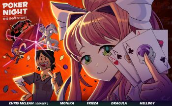 1girl 4boys absurdres ace_(playing_card) ace_of_clubs ace_of_hearts ace_of_spades alien arion_miitoons_rashad black_hair brown_hair cane cape card character_name chris_mclean closed_mouth club_(shape) commentary crossover demon_boy doki_doki_literature_club dracula_(grim_adventures) dragon_ball dragonball_z english_commentary english_text frieza green_eyes heart hellboy hellboy_(comic) highres holding holding_cane holding_card long_hair looking_at_viewer monika_(doki_doki_literature_club) multiple_boys parody playing_card poker_night_at_the_inventory ponytail short_hair signature smile spade_(shape) table the_grim_adventures_of_billy_&amp;_mandy total_drama vampire