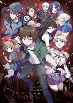 Rule 34 | 3boys, 5girls, animal ears, bag, baseball cap, black hair, blonde hair, blood, blood splatter, blue eyes, brown hair, building, chris redfield, corpse party, crossover, demento, dog, earpiece, fal0811, fence, fiona belli, flashlight, gloves, gun, hair ribbon, handgun, hat, highres, holding, holding gun, holding weapon, jacket, jill valentine, kajiro miyako, kishinuma yoshiki, loafers, long hair, multiple boys, multiple crossover, multiple girls, open clothes, open jacket, pleated skirt, ponytail, power lines, protagonist (yomawari), rabbit ears, red ribbon, resident evil, resident evil 5, ribbon, road, school uniform, serafuku, shinozaki ayumi, shirt, shoes, short hair, shoulder bag, siren (series), skirt, trait connection, trigger discipline, watch, weapon, white shirt, wristwatch, yomawari, yomawari (series)