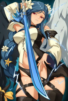 1girl angel_wings asymmetrical_wings bare_shoulders black_choker black_panties black_thighhighs blue_background blue_hair bow braid braided_ponytail breasts choker commentary commission cowboy_shot detached_sleeves dizzy_(guilty_gear) electricity english_commentary fangs_(fangs_art) flower garter_straps groin guilty_gear guilty_gear_strive guilty_gear_xrd hair_flower hair_ornament highleg highleg_panties highres holding holding_sword holding_weapon large_breasts long_hair long_sidelocks long_sleeves looking_at_viewer mature_female midriff navel panties parted_bangs parted_lips queen_dizzy red_eyes revealing_clothes ribbon sidelocks simple_background single_braid skindentation smile solo sword tail tail_bow tail_ornament tail_ribbon thick_thighs thigh_strap thighhighs thighs torn_clothes underwear upper_body very_long_hair weapon white_flower wide_sleeves wings yellow_flower yellow_ribbon