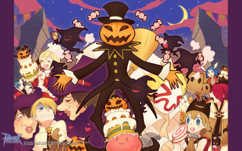 3others 4boys 5girls armor bag bag_on_head bathory blonde_hair bloody_murderer blue_eyes blue_hair blue_sky breastplate brooch brown_capelet brown_hair brown_shirt cake candy cape capelet checkerboard_cookie clenched_teeth closed_eyes closed_mouth cloud coat cookie copyright_notice crescent_moon cross cross_necklace deviruchi_hat disgust dress eye_brooch food ghost gloom_(expression) gold_trim halloween hat head_wings heart high_priest_(ragnarok_online) highres jack-o&#039;-lantern jakk_(ragnarok_online) jewelry knight_(ragnarok_online) lips logo long_sleeves lude_(ragnarok_online) mage_(ragnarok_online) mask masked medium_hair moon multiple_boys multiple_girls multiple_others mummy mummy_(ragnarok_online) necklace novice_(ragnarok_online) official_art official_wallpaper open_mouth paper_bag pointy_ears priest_(ragnarok_online) pumpkin purple_hat quve_(ragnarok_online) ragnarok_online red_coat red_dress red_hair sash shirt shirure short_hair sky smile star_(sky) starry_sky swordsman_(ragnarok_online) teeth triangular_headpiece two-tone_dress ugly_woman upper_body white_cape white_capelet white_dress white_sash wings witch_hat wizard_(ragnarok_online) wrapped_candy