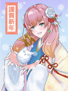 1girl absurdres blonde_hair blue_eyes earrings fire_emblem fire_emblem_heroes flower fur_trim gunnthra_(fire_emblem) gunnthra_(new_year)_(fire_emblem) hair_flower hair_ornament highres japanese_clothes jewelry kimono kousetu0506 long_hair looking_at_viewer multicolored_hair nintendo official_alternate_costume pink_hair smile snow snowflakes upper_body wide_sleeves