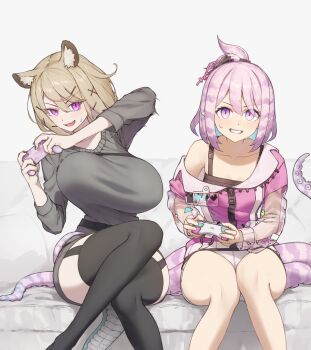 2girls allen.n alternate_costume animal_ear_fluff arknights arms_up bare_legs black_thighhighs blue_hair bouncing_breasts breasts brown_hair cardigan chibi chibi_inset clenched_teeth collarbone colored_inner_hair controller feet_out_of_frame game_controller hair_ornament hairclip highres holding holding_controller holding_game_controller huge_breasts jacket kirara_(arknights) long_sleeves looking_at_viewer motion_lines multicolored_hair multiple_girls off_shoulder open_cardigan open_clothes open_mouth panties pantyshot parted_lips pink_hair pink_jacket playing_games pointy_ears purple_eyes see-through_clothes see-through_sleeves short_hair shorts simple_background single_bare_shoulder sitting small_breasts sweatdrop sweater tail teeth thighhighs topknot translation_request two-tone_hair underwear utage_(arknights) v-shaped_eyebrows white_background white_panties x_hair_ornament