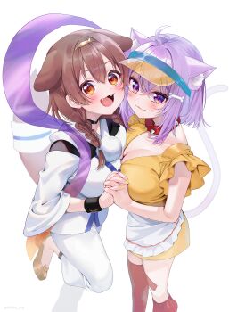 2girls :3 absurdres ahoge animal_ear_fluff animal_ears asymmetrical_docking asymmetrical_legwear black_choker blush bone_hair_ornament braid breast_press breasts brown_eyes brown_hair cat_ears cat_tail choker cleavage closed_mouth collar collarbone dog_ears dress fangs feet_out_of_frame fish_hair_ornament frilled_dress frills hagoromo hair_ornament highres hololive interlocked_fingers inugami_korone jewelry large_breasts looking_at_viewer medium_breasts multiple_girls nekomata_okayu open_mouth pants purple_eyes purple_hair red_collar red_socks ring shawl socks spiked_collar spikes standing tail twin_braids virtual_youtuber white_background white_pants wristband yellow_dress yellow_nails yuuyu_(moco20111115)