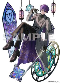 1boy alternate_costume analog_clock arm_at_side belt belt_buckle black_belt black_gloves black_pants black_shirt black_shoes buckle capelet clock coat copyright_notice crossed_legs full_body glint gloves green_eyes grey_capelet grey_coat hair_between_eyes hand_up hinatsu holding holding_sword holding_weapon invisible_chair jewelry kenmochi_touya lamp lapel_pin lapels long_sleeves looking_at_viewer male_focus necklace nijisanji notched_lapels o-ring official_art pants purple_capelet purple_coat purple_hair purple_socks sample_watermark shirt shoes short_hair side_cape sideways_glance simple_background sitting socks solo stained_glass suspenders sword turtleneck turtleneck_shirt two-sided_capelet two-sided_coat two-sided_fabric virtual_youtuber watermark weapon white_background window