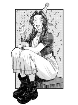 Rule 34 | 1girl, aerith gainsborough, arm belt, bangle, blush, boots, border, bracelet, braid, braided ponytail, breasts, choker, cleavage, cropped jacket, dress, final fantasy, final fantasy vii, final fantasy vii remake, flower choker, greyscale, hair ribbon, hat, highres, jewelry, long dress, long hair, looking at viewer, medium breasts, monochrome, open mouth, parted bangs, party hat, ribbon, screentones, seveninks, short sleeves, sidelocks, single braid, sitting, smile, solo, twitter username, v, white border