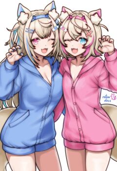 2girls ;d animal_ear_fluff animal_ears artist_logo asymmetrical_docking bandaid bandaid_hair_ornament blue_eyes blue_nails blue_pajamas breast_press breasts cleavage commentary cowboy_shot crossed_bangs dog_ears dog_girl english_commentary fake_horns fang fingernails fuwawa_abyssgard hair_ornament hairband hairclip headband highres hololive hololive_english horn_hairband large_breasts logo looking_at_viewer mococo_abyssgard multiple_girls one_eye_closed open_mouth pajamas parallel_hairclips paw_pose pink_eyes pink_hairband pink_headband pink_nails pink_pajamas rotomdocs siblings simple_background sisters skin_fang small_breasts smile twins virtual_youtuber white_background x_hair_ornament