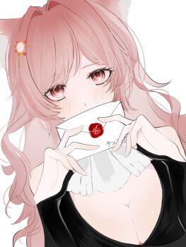 1girl arknights ascot bare_shoulders black_shirt blush breasts cleavage commentary covered_mouth hair_intakes hair_ornament highres holding holding_letter letter long_hair looking_at_viewer medium_breasts miki57976318 pink_eyes pink_hair pozyomka_(arknights) shirt simple_background solo upper_body white_ascot white_background