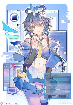 Rule 34 | 1girl, :d, absurdres, adobe premiere, artist name, bare shoulders, black arm warmers, black thighhighs, blue background, blue skirt, border, detached collar, detached sleeves, green eyes, grey hair, hair rings, hand on own thigh, hand up, highres, looking at viewer, luo tianyi, luo tianyi (vocaloid3), miniskirt, off shoulder, open mouth, outside border, painttool sai, shirt, short hair with long locks, short sleeves, signature, single thighhigh, skirt, smile, solo, straight-on, thighhighs, titaniumtai, two-tone skirt, vocaloid, vocaloid editor, vsinger (vocaloid), watermark, weibo watermark, white border, white shirt