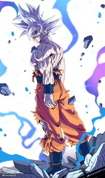 1boy absurdres artist_name aura blood blood_from_forehead blood_from_mouth blue_sash debris dragon_ball dragon_ball_super dutch_angle highres horang4628 injury looking_at_viewer muscular muscular_male orange_pants pants sash scratches solo son_goku spiked_hair topless_male torn_clothes torn_pants ultra_instinct v-shaped_eyebrows white_eyes white_hair wristband