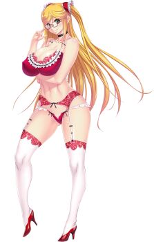 1girl aoi_nagisa_(metalder) blonde_hair breasts curvy enhanced female_focus full_body glasses high_heels highres kosaka_shizuru large_breasts lilith-soft lingerie long_hair looking_at_viewer navel official_art shiny_skin simple_background smile solo taimanin_(series) taimanin_yukikaze taimanin_yukikaze_2 thong underwear