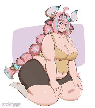 1girl absurdres ahoge animal_ears aqua_hair artist_name bandage_on_face bandages bandaid bandaid_hair_ornament bandaid_on_leg bell bell_earrings belly big_belly black_shorts blush braid breasts camisole choker cleavage earrings fat fat_woman genshin_impact grey_socks gym_shorts hair_ornament hairband hands_on_own_thighs highres horn_ornament horns jewelry large_breasts long_hair molligrin muffin_top multicolored_hair navel nose pink_hair purple_eyes seiza short_shorts shorts sitting sleeveless smile socks solo streaked_hair thick_arms thick_thighs thighs tight_clothes twin_braids varesa_(genshin_impact) white_background yellow_camisole