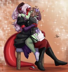 Rule 34 | colored skin, green skin, green skinned woman, hat, horns, indie virtual youtuber, kiss, melissa belladonna, red-skinned female, red skin, tail, tail ornament, white hair, witch hat