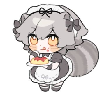 Rule 34 | 1boy, alternate costume, animal ears, apron, black bow, black bowtie, black dress, black ribbon, black shoes, blush, bow, bowtie, caelus (honkai: star rail), chibi, chibi only, closed mouth, commentary request, crossdressing, crossdressing (mtf), dress, enmaided, food, food on face, frills, full body, grey hair, grey ribbon, hair between eyes, hair ribbon, hands up, holding, holding plate, honkai: star rail, honkai (series), kemonomimi mode, ketchup, leonrui, licking, looking at viewer, lowres, maid, maid headdress, male focus, neck ribbon, omelet, omurice, plate, puffy short sleeves, puffy sleeves, raccoon ears, raccoon tail, ribbon, shoes, short hair, short sleeves, smile, solo, standing, tail, tongue, tongue out, trailblazer (honkai: star rail), white apron, wrist cuffs, yellow eyes