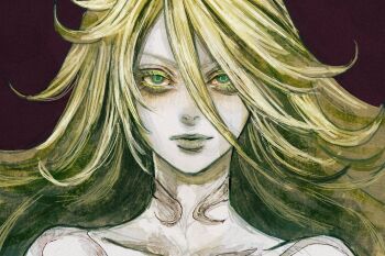 1girl bags_under_eyes barbariccia bare_shoulders colored_eyelashes colored_skin commentary expressionless final_fantasy final_fantasy_xiv green_eyes green_hair grey_skin hair_between_eyes long_hair looking_at_viewer oyatsuredgray portrait red_background solo