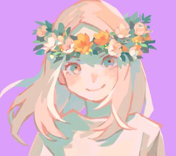 1girl blonde_hair commentary flower grey_eyes head_wreath long_hair looking_at_viewer original portrait purple_background smile solo symbol-only_commentary zakka_(d-o-t)