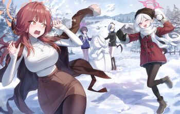 4girls absurdres alternate_costume aru_(blue_archive) backpack bag beanie black_boots black_dress black_hair black_horns black_jacket black_pantyhose blue_archive boots breasts brown_coat brown_eyes brown_pantyhose brown_skirt building_snowman character_snowman coat coat_on_shoulders commentary cropped_jacket day demon_horns demon_wings dress dripping_eye fence fur-trimmed_jacket fur-trimmed_sleeves fur_trim halo haruka_(blue_archive) hat highres holding holding_snowball horns jacket jewelry kayoko_(blue_archive) large_breasts long_hair motion_blur mountainous_horizon multicolored_hair multiple_girls mutsuki_(blue_archive) necklace okkimon one_eye_closed open_mouth orange_halo outdoors panicking pantyhose pink_halo pointy_ears ponytail purple_eyes purple_hair purple_halo purple_jacket red_eyes red_jacket ring ring_necklace scarf shirt single_tear single_wing skirt smile snow snowball snowball_fight tree turtleneck turtleneck_shirt two-tone_hair white_hair white_halo white_scarf white_shirt wide_hips wings winter