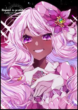 1girl blush dark-skinned_female dark_skin dress fascinator frills glove_bow gloves highres jacinthe_(pokemon) long_hair long_sleeves looking_at_viewer mega_stone nintendo open_mouth pokemon pokemon_legends:_z-a purple_dress purple_eyes purple_hair smile solo to_camellia upper_body very_dark_skin white_gloves