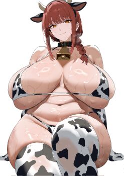 1girl @_@ animal_ear_hairband animal_ears animal_print belly belt_collar bikini black_choker braid breasts breasts_apart chainsaw_man choker collar cow_ear_hairband cow_ears cow_horns cow_print cow_print_bikini cow_print_thighhighs cowbell fake_animal_ears fake_horns hair_over_shoulder hair_tie hairband highres horn_hairband horns huge_breasts lips makima_(chainsaw_man) medium_hair navel neck_bell plump print_bikini print_thighhighs red_hair sidelocks single_braid sitting skindentation smile solo sweat swide_hips swimsuit tenko_(dos_704277) thick_thighs thighhighs thighs white_background yellow_eyes