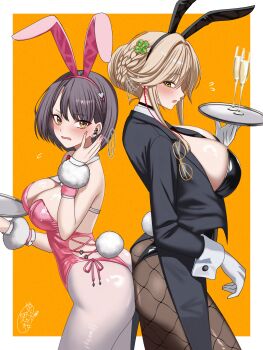 2girls absurdres ade_(agent_bunny)_(nikke) ade_(nikke) animal_ear_hairband animal_ears ass ass-to-ass ass_press asymmetrical_docking black_leotard breast_press breasts commentary_request fake_animal_ears fishnet_pantyhose fishnets goddess_of_victory:_nikke hairband highres kizakura_art leotard milk_(blooming_bunny)_(nikke) milk_(nikke) multiple_girls official_alternate_costume pantyhose pink_leotard playboy_bunny rabbit_ear_hairband rabbit_ears side-tie_leotard