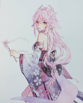 1girl animal_ears bare_shoulders floppy_ears fox_ears genshin_impact hair_ornament japanese_clothes long_hair minthurtable nontraditional_miko pink_hair purple_eyes smile solo yae_miko