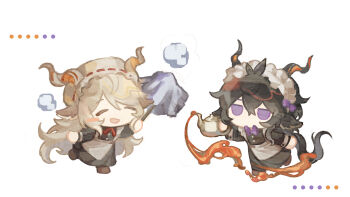 ... 2boys alternate_costume animal_ears apron arknights arm_at_side black_dress black_hair blush_stickers bow bowtie chibi closed_eyes commentary crossdressing crossdressing_(mtf) dress duster ebenholz_(arknights) enmaided full_body goat_boy goat_ears goat_horns hat highres holding holding_duster holding_teapot horns jitome kreide_(arknights) long_hair maid maid_headdress male_focus mob_cap multiple_boys open_mouth purple_bow purple_bowtie purple_eyes red_bow red_bowtie simple_background smile spilling teapot tomamo09 white_apron white_background white_hair white_hat