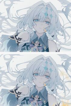 1girl absurdres blue_eyes bow cerydra_(honkai:_star_rail) chinese_commentary collar commentary_request death detached_sleeves diamond-shaped_pupils diamond_(shape) dress empty_eyes hair_intakes hair_spread_out highres honkai:_star_rail honkai_(series) long_hair multicolored_hair parted_lips streaked_hair symbol-shaped_pupils white_background white_hair yellow_blood yue_(shemika98425261)