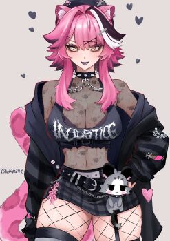 1girl absurdres adammaarr animal_ear_piercing animal_ears belt beret black_belt black_bra black_choker black_eyeshadow black_hat black_jacket black_lips black_pantyhose black_shirt black_thighhighs blush bra breasts chain chattino_(raora_panthera) choker cleavage closed_mouth commentary eyeshadow fish_skeleton_hair_ornament fishnet_pantyhose fishnets floral_print floral_print_shirt grey_background hair_intakes hair_ornament hairclip hat heart heart_o-ring highres hololive hololive_english jacket large_breasts long_hair long_sleeves looking_at_viewer makeup multicolored_hair o-ring open_clothes open_jacket panther_ears panther_girl panther_tail pantyhose pink_hair plaid_clothes plaid_skirt print_shirt raora_panthera see-through_clothes see-through_shirt shirt skirt smile solo spiked_choker spikes streaked_hair striped_clothes striped_jacket tail thighhighs thighhighs_over_pantyhose thighs twitter_username underwear virtual_youtuber white_hair yellow_eyes