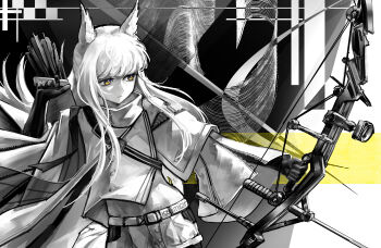 1girl absurdres animal_ears arknights belt belt_buckle bow_(weapon) buckle closed_mouth clothes_writing eudaemonm gloves high_collar highres holding holding_bow_(weapon) holding_weapon jacket long_hair looking_to_the_side midriff_peek platinum_(arknights) quill solo spot_color weapon yellow_eyes