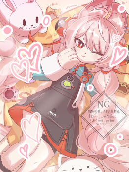 1girl ahoge ama_rinngoo animal_ear_fluff animal_ear_piercing animal_ears anklet braid braided_twintails bright_pupils carpet commentary_request feet_out_of_frame furry furry_female green_shirt heart highres jewelry long_hair lying on_back one_eye_closed pink_fur pink_hair rabbit rabbit_ears rabbit_girl screw shirt short_eyebrows solo stuffed_animal stuffed_toy thick_eyebrows thigh_strap tongue tongue_out white_pupils zenless_zone_zero zhao_(zenless_zone_zero)