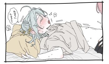 2girls amaori_renako aqua_hair blush closed_eyes commentary cum dayama english_commentary flat_color futa_with_female futanari grey_hoodie hair_bun hair_ribbon highres hood hoodie koyanagi_kaho multiple_girls navel on_bed open_mouth pillow pink_hair projectile_cum ribbon simple_background speech_bubble sweat translation_request watashi_ga_koibito_ni_nareru_wake_naijan_murimuri! yellow_ribbon