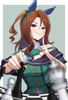 Rule 34 | 1girl, animal ears, bishop (chess), black gloves, board game, brown hair, buttons, caitlyn0104, chess piece, chessboard, dress, gloves, green dress, highres, holding, holding chess piece, horse ears, king (chess), king halo (king of emeralds) (umamusume), king halo (umamusume), off shoulder, pawn (chess), playing chess, red eyes, smile, solo, umamusume