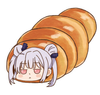 Rule 34 | 1girl, blunt bangs, blush stickers, chibi, chibi only, chocolate cornet, closed mouth, commentary, double bun, dutch angle, food, frown, grey hair, hair bun, heaven burns red, jitome, looking at viewer, medium hair, pink eyes, simple background, solo, twintails, white background, yamawaki bon ivar, yu422yu