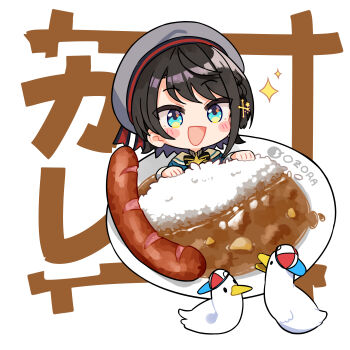 1girl :d absurdres animal backwards_hat baseball_cap beret bird black_bow black_hair blue_eyes blue_jacket blush_stickers bow braid chibi commentary_request curry curry_rice duck food grey_hat hat highres hololive in_food jacket kutata looking_at_viewer mini_person minigirl oozora_subaru oozora_subaru_(suspenders) open_mouth plate rice sausage smile sparkle striped_bow subaru_duck text_background translated virtual_youtuber white_background