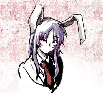 1girl animal_ears black_jacket closed_mouth collared_shirt crescent crescent_pin empty_eyes hair_between_eyes half-closed_eyes highres jacket lapels lei_niao3375 long_hair looking_at_viewer necktie parted_bangs purple_hair rabbit_ears rabbit_girl red_eyes red_necktie reisen_udongein_inaba shirt sidelocks solo touhou upper_body white_background white_shirt