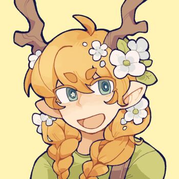 Rule 34 | 1girl, :d, ahoge, animification, antlers, braid, commentary, flower, geminitay, green eyes, green shirt, hair flower, hair ornament, hashtag-only commentary, hermitcraft, horns, long hair, looking at viewer, low twin braids, minecraft youtube, open mouth, orange hair, pointy ears, portrait, shirt, short eyebrows, simple background, smile, solo, star-shaped pupils, star (symbol), symbol-shaped pupils, twin braids, white flower, yellow background, yuepcat