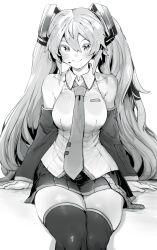 Rule 34 | 1girl, absurdres, bare shoulders, breasts, collared shirt, detached sleeves, greyscale, hair between eyes, hatsune miku, highres, large breasts, long hair, looking at viewer, microphone, miniskirt, monochrome, necktie, niwarhythm, shirt, sitting, skirt, smile, solo, thick thighs, thighhighs, thighs, twintails, very long hair, vocaloid