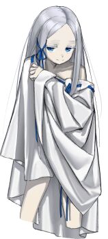 Rule 34 | 1girl, absurdres, blue eyes, commentary request, dress, forehead, grey hair, hair ribbon, hdk moon, highres, long hair, looking at viewer, pandora (re:zero), parted bangs, re:zero kara hajimeru isekai seikatsu, ribbon, single bare shoulder, sketch, smile, solo, white dress