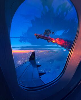 Rule 34 | 1other, above clouds, airplane interior, airplane wing, artist name, blue sky, car, city lights, cloud, fire, flying car, highres, horizon, jocelin carmes, motor vehicle, muscle car, original, pov, red car, scenery, sky, smiley face, smoke, stack, sunset