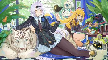 3girls absurdres amagumo0501 animal_ears animal_hands belion_(zenless_zone_zero) bird bird_on_hand black_bodysuit black_gloves black_pantyhose blonde_hair blue_eyes bodysuit bug butterfly butterfly_on_nose closed_mouth cropped_jacket dog dog_ears dog_girl dog_paws elbow_gloves fingerless_gloves gloves green_eyes highres insect jacket ju_fufu long_hair looking_at_viewer mouth_hold multiple_girls official_alternate_costume pantyhose skirt tiger tiger_ears tiger_girl very_long_hair white_hair white_skirt white_tiger yellow_eyes yellow_jacket yixuan_(trails_of_ink)_(zenless_zone_zero) yixuan_(zenless_zone_zero) zenless_zone_zero