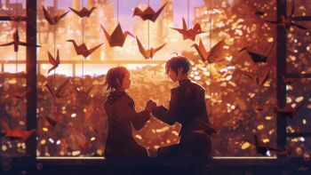 2boys absurdres ahoge auni backlighting black_hair blush building checkered_clothes checkered_scarf city_lights cityscape commentary cross-laced_clothes cross-laced_top danganronpa_(series) danganronpa_v3:_killing_harmony english_commentary eyelashes flipped_hair from_behind hair_between_eyes highres holding_hands jacket long_sleeves male_focus multiple_boys night oma_kokichi orange_theme origami pants paper_crane pinstripe_jacket pinstripe_pattern purple_eyes saihara_shuichi scarf scenery short_hair signature sitting skyscraper two-tone_scarf yaoi