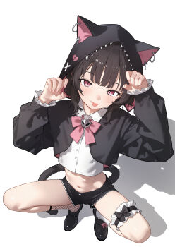 Rule 34 | 1girl, absurdres, animal ears, animal hood, black jacket, breasts, brown hair, cat ears, commission, eco 376124, from above, highres, hood, hood up, jacket, long sleeves, navel, original, pink eyes, pixiv commission, shirt, simple background, small breasts, squatting, thigh strap, tongue, tongue out, white background, white shirt