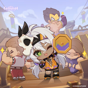 1girl 3boys absurdres boots brown_hair chibi commentary copyright_name dark-skinned_female dark_skin day dot_nose dress elbow_gloves english_commentary fang feathers flexing fur-trimmed_boots fur_trim genshin_impact gloves green_eyes green_pupils grey_hair hair_between_eyes highres iansan_(genshin_impact) long_hair long_sleeves looking_at_viewer low_twintails mask mask_on_head multiple_boys muscular muscular_male official_art one_eye_closed open_mouth orange_dress outdoors pants purple_pants red_pants shirt skin_fang skull_mask sleeveless sleeveless_shirt smile standing thick_eyebrows topless_male twintails very_long_hair wooden_floor