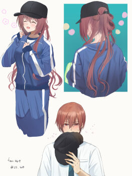 1boy 1girl :d ^_^ a-chan_(little_busters!) absurdres alternate_costume alternate_hairstyle baseball_cap black_hat blue_jacket blue_necktie blush brown_hair closed_eyes commentary_request covering_own_mouth cowboy_shot cropped_legs cropped_torso embarrassed eyes_visible_through_hair facing_viewer flying_sweatdrops from_behind furrowed_brow hair_between_eyes hands_up happy hat highres jacket little_busters! little_busters!_school_uniform long_hair long_sleeves looking_at_viewer miiizuno_lbs multiple_views natsume_kyousuke necktie open_mouth ponytail red_eyes school_uniform shirt short_hair simple_background sleeves_past_wrists smile sweat track_jacket tsurime upper_body very_long_hair white_background white_shirt