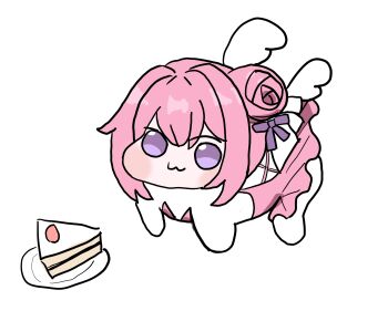 1girl angel_wings braid breasts cake creature ddcat doro_(nikke) dorothy_(nikke) dorothy_(nostalgia)_(nikke) dress food goddess_of_victory:_nikke hair_bun hair_ribbon highres long_hair official_alternate_costume pink_dress pink_hair purple_eyes ribbon simple_background solo white_ribbon white_wings wings