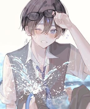 1boy 1other aoru_uu black-framed_eyewear blue_eyes blue_necktie blurry blurry_foreground blush brown_hair collared_shirt commentary day eyewear_on_head flying_sweatdrops glasses grey_sweater_vest highres holding holding_hose hose male_focus necktie one_eye_closed open_collar original outdoors parted_lips school_uniform shirt short_hair short_sleeves signature solo solo_focus sweat sweater_vest upper_body water white_background white_shirt