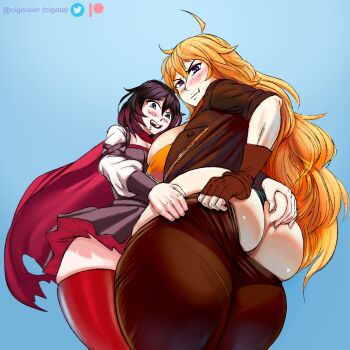 2girls ahoge artist_name ass ass_grab black_hair black_panties blonde_hair blue_background blush breasts cape cigmaier clothes_pull drooling fingerless_gloves gloves gradient_hair grey_eyes highres huge_ass incest large_breasts long_hair multicolored_hair multiple_girls panties pants pants_pull pout red_cape red_hair ruby_rose rwby short_hair siblings sisters skirt smile thick_thighs thighhighs thighs underwear yang_xiao_long yuri