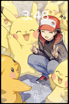 1boy 88_(einnimnech) :d alternate_costume black_shirt brown_hair closed_eyes commentary_request day double_v fake_phone_screenshot fake_screenshot gen_1_pokemon happy highres hood hood_down hooded_jacket jacket long_sleeves male_focus nintendo open_mouth outdoors pants pikachu pokemon pokemon_(creature) red_(pokemon) shirt shoes short_hair signature smile squatting timestamp v
