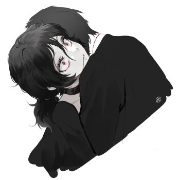 1boy 1girl absurdres andrew_graves ashley_graves black_choker black_hair black_shirt blood blood_from_mouth blood_from_neck brother_and_sister choker collarbone colored_skin commentary cropped_torso double-parted_bangs hair_between_eyes hair_tie head_on_another&#039;s_shoulder highres hug k_hottok long_sleeves low_ponytail medium_hair parted_lips pink_eyes ponytail shirt short_hair siblings simple_background surprised the_coffin_of_andy_and_leyley white_background white_skin wide-eyed